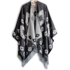 ZIGHILLI | Italy Tribal Southwestern Aztec Fine Knit Open Front Poncho Wrap Gray